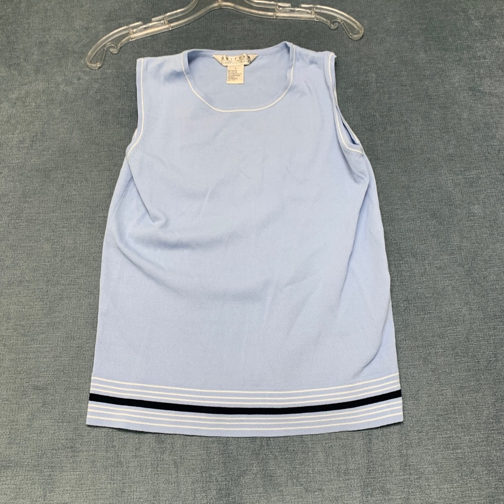 John Paul Richard Uniform Knit Top Women Small Blue Stretch Sleeveless Crew Neck